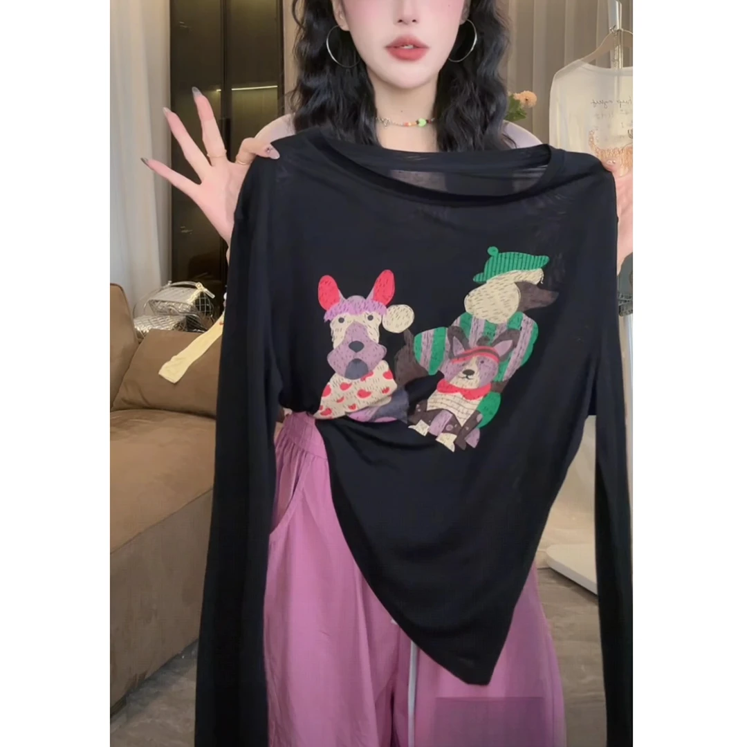 卡通小狗印花薄款长袖防晒T恤2025早秋新款休闲时尚百搭显瘦上衣