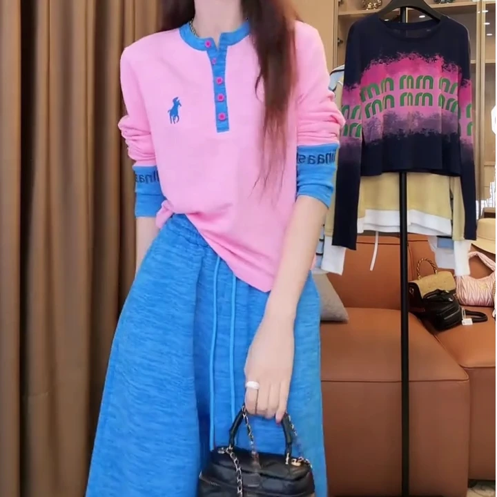 减龄时尚休闲穿搭一整套女2025秋季新款撞色长袖T恤显瘦长裤套装