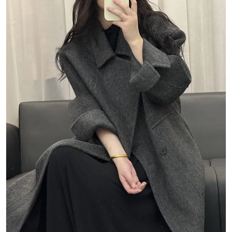 黑色双面羊绒大衣女长款2025秋冬新款气质高级宽松过膝羊毛呢外套