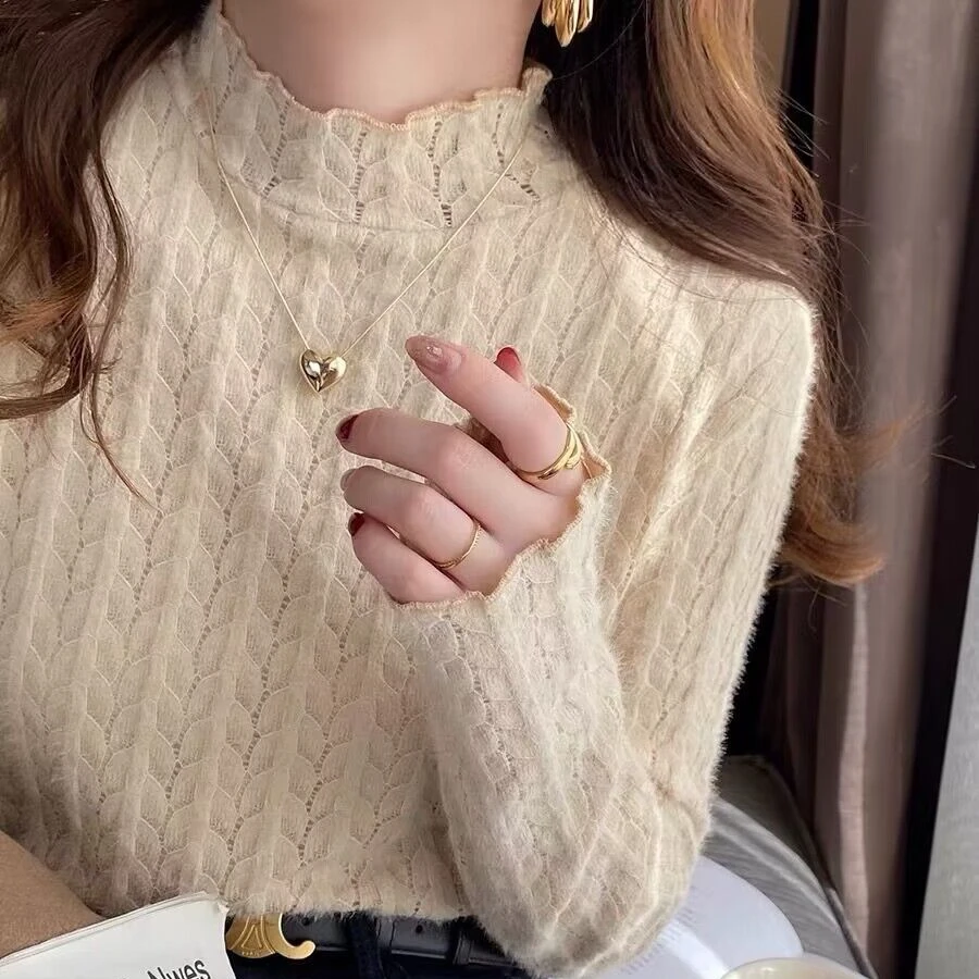 加绒加厚冬季新款半高领木耳边修身显瘦蕾丝针织打底衫长袖内搭