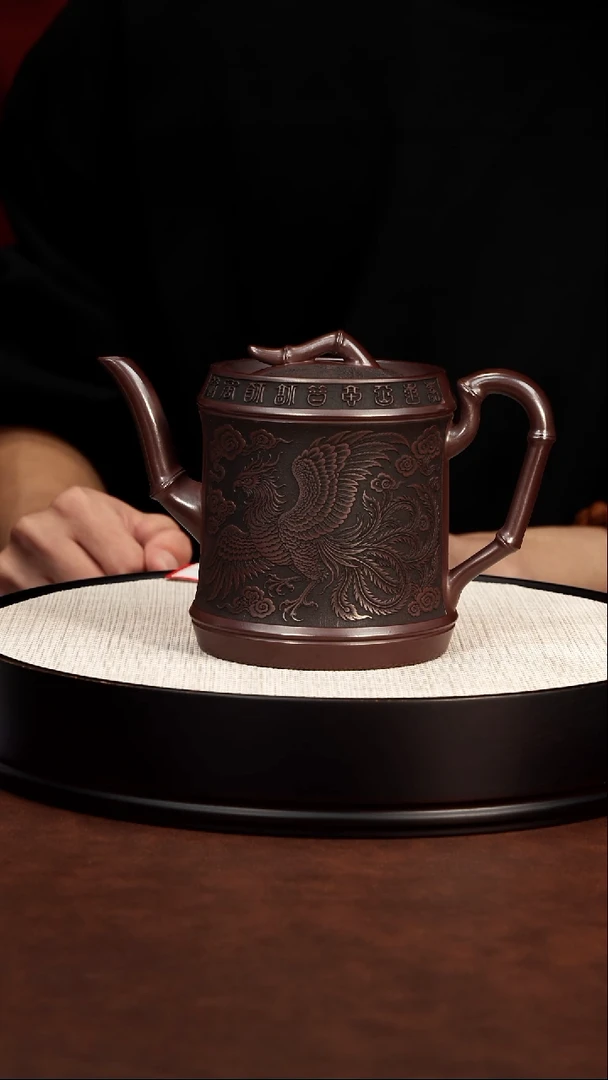 茶壶紫砂 龙凤高竹段壶 石红 高艳