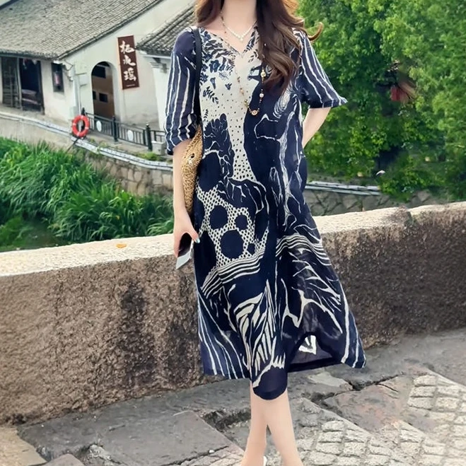 3918 轻奢大牌法式气质民族风印花连衣裙2025夏季新款显瘦长裙