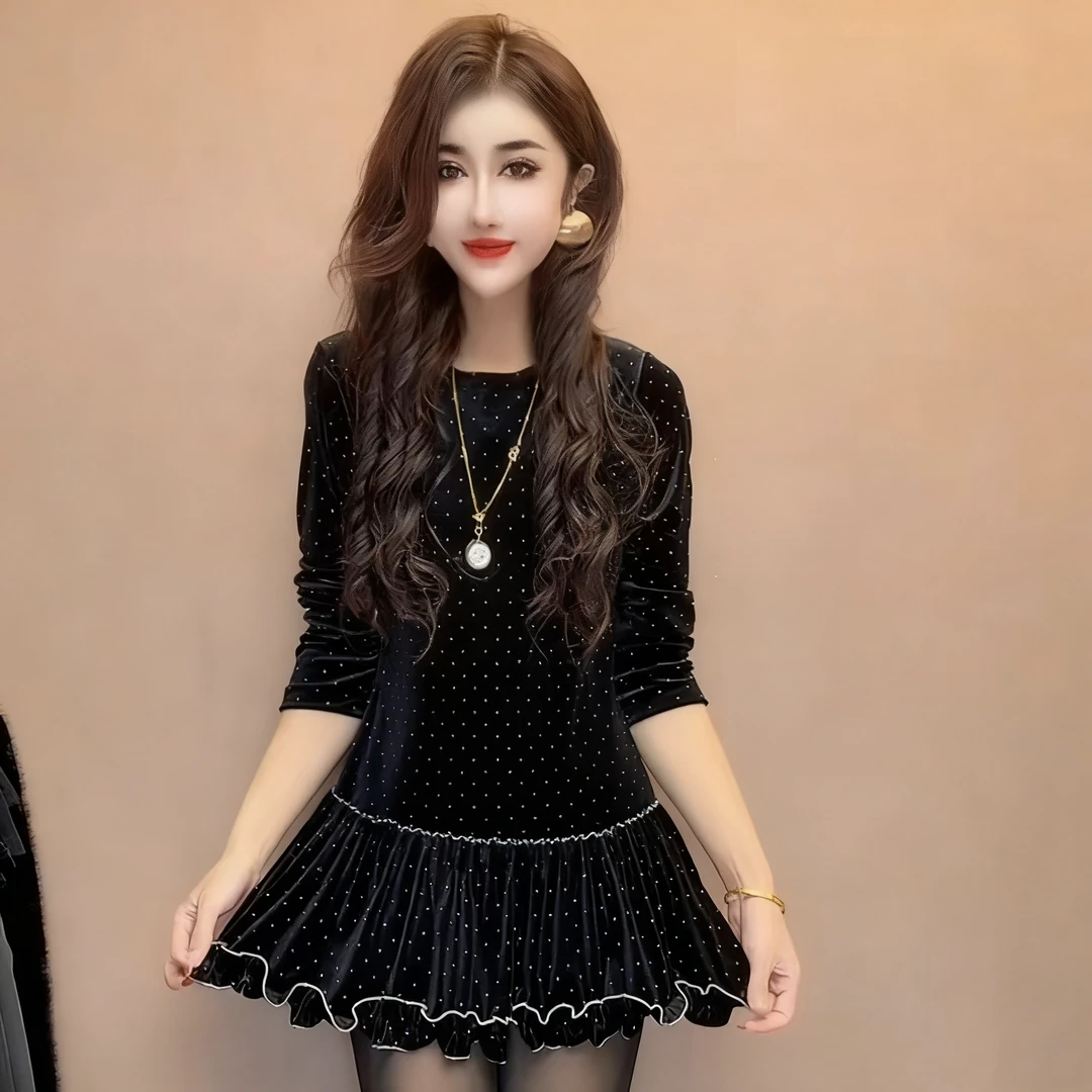 打底裙子女装波点2025冬季新款时尚百搭长袖中长款少女风连衣裙