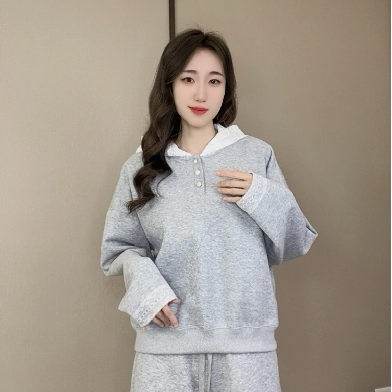 花边连帽钉扣卫衣春秋显瘦长袖休闲减龄宽松韩版百搭时尚洋气新款