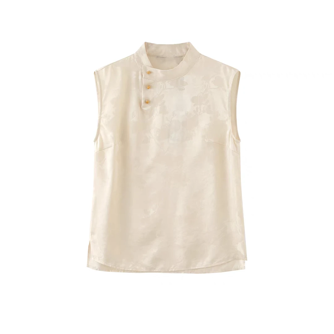 =艾家夏季轻奢新中式新款立领无袖斜口提花无袖衬衫上衣40515054