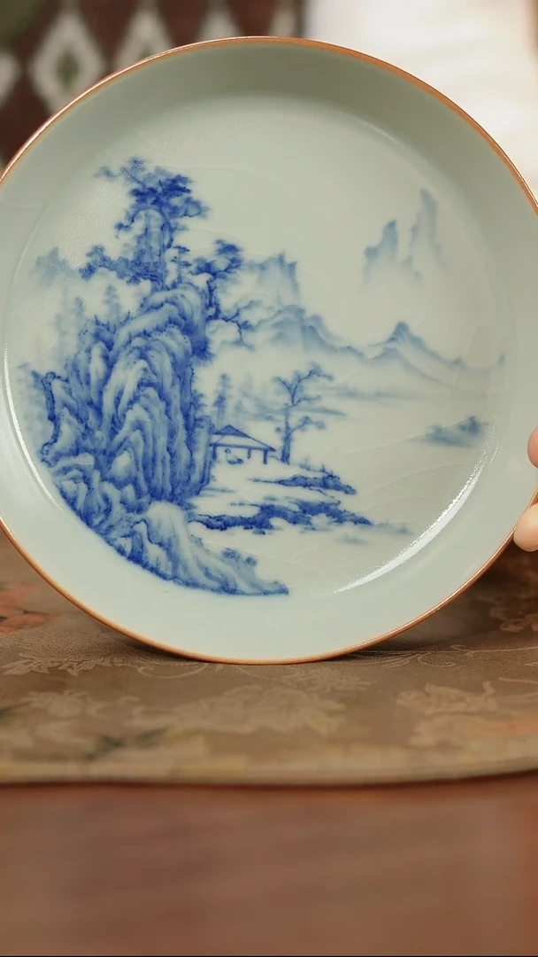 摆件陶善窑厂汝窑 壶承 手绘山水