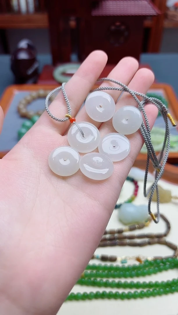 和田玉未镶嵌颈饰白玉平安扣吊坠ZD编绳