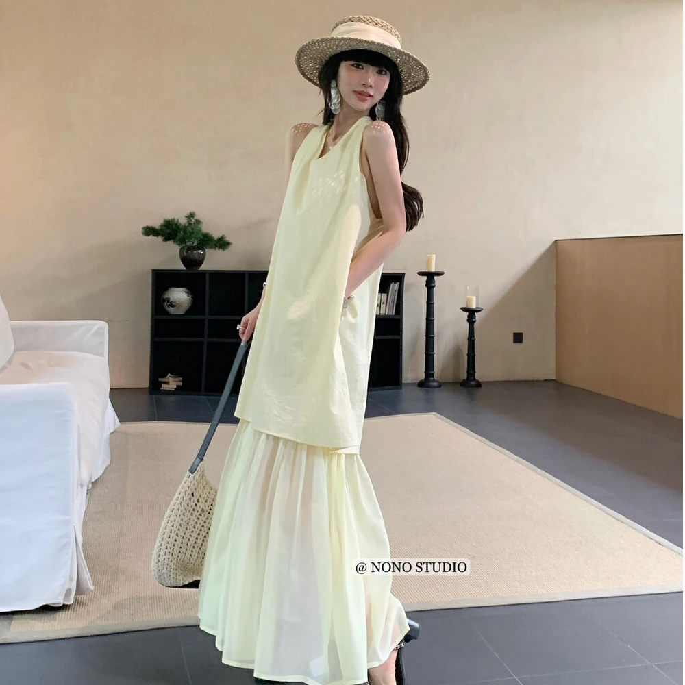 度假风氛围感V领设计无袖下摆拼接中长款连衣裙假两件长裙
