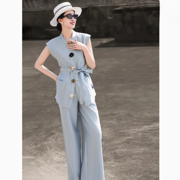 902夏季新款气质名媛高级感花朵扣无袖马甲外套阔腿裤两件套装女