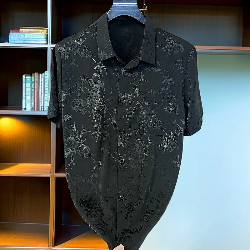 新款老前锋款男士夏季男黑色薄款衬衫百搭翻领短袖百搭休闲商务