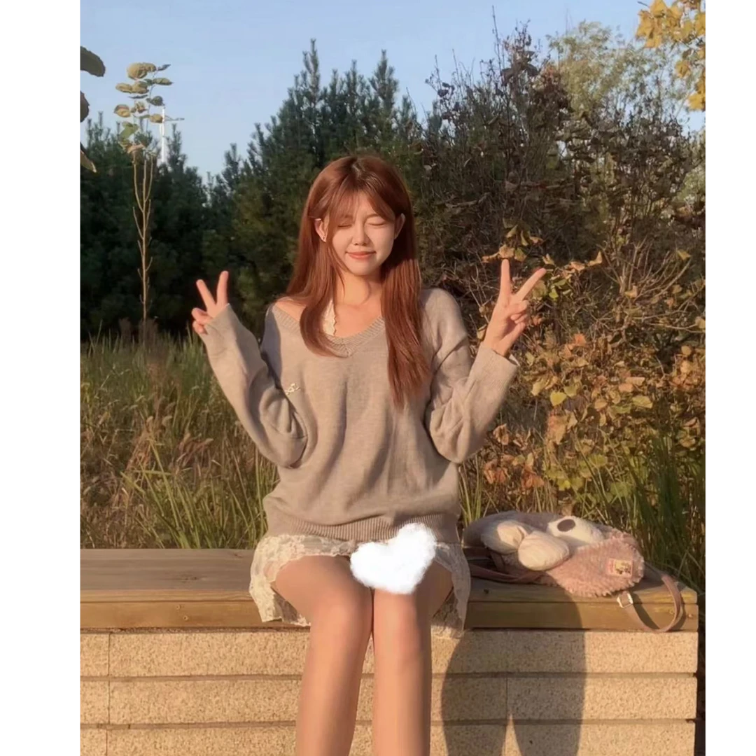 福利--拍下编码--早春V领套头宽松长袖设计感慵懒风气质针织衫女