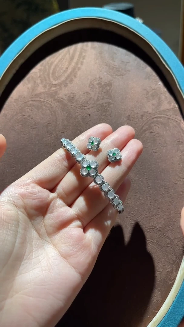 翡翠银S925镀金镶嵌套链红翡绿翠