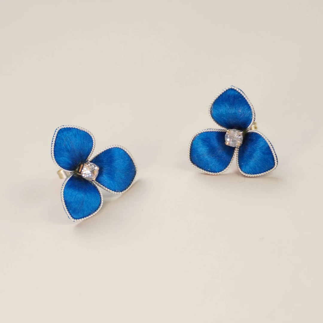 合金耳饰 点翠色掐丝 耳钉耳环 蓝色三角梅绒花非遗绒花南京耳饰