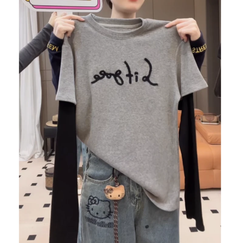 2025秋冬新款植绒字母刺绣拼接长袖假两件休闲女士T恤LK2508013