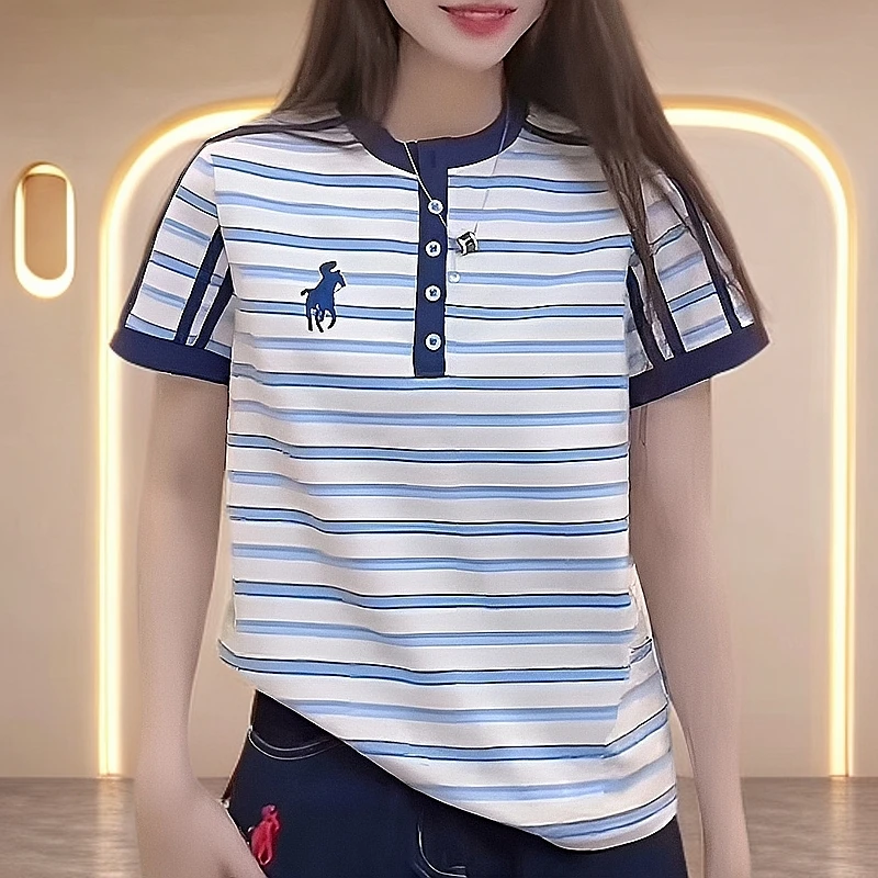 【纯棉】洋气衣服女夏季小马刺绣撞色新款正肩休闲欧风显瘦短袖T恤