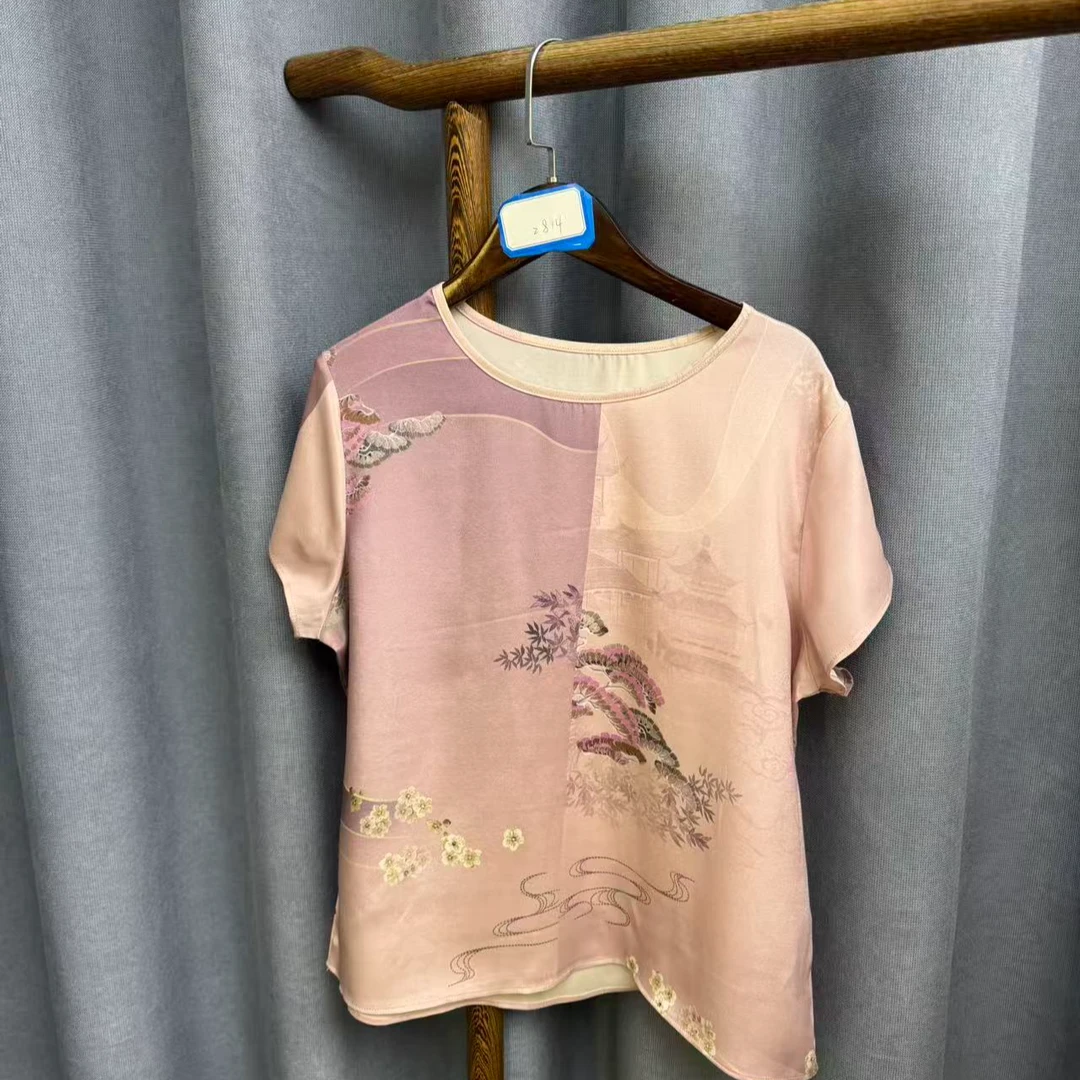 新款休闲时尚圆领桑蚕丝短袖上衣女Z814