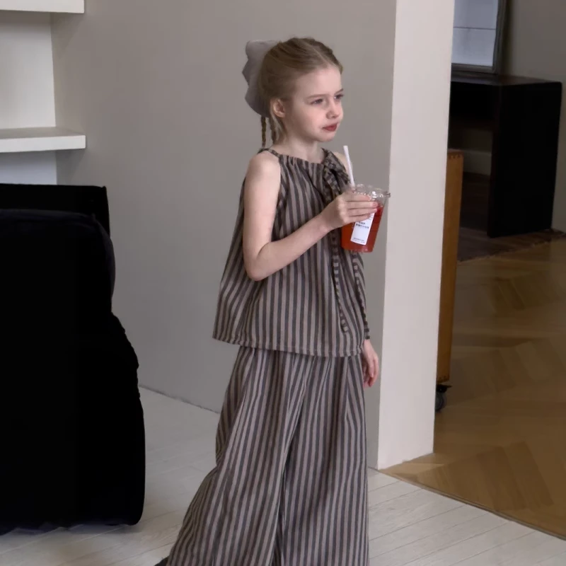 女童套装2025新款夏季韩版条纹背心直筒裤中大童装宽松百搭两件套