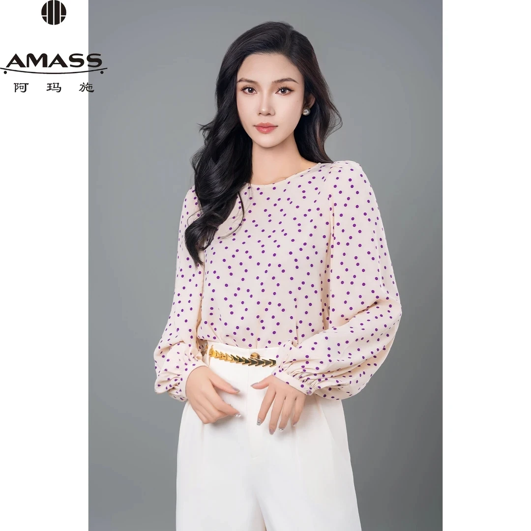AMASS阿玛施新款百搭长袖圆领上衣泡泡袖波点休闲法式衬衫5301128