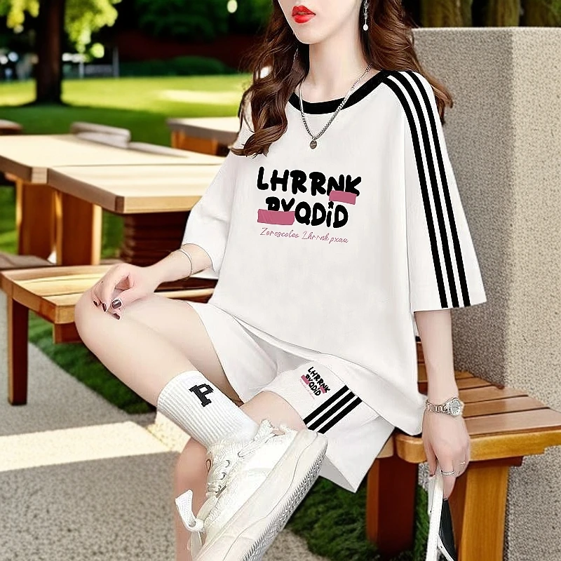 美式复古条纹拼接休闲套装女夏季新款时尚宽松显瘦运动跑步两件套