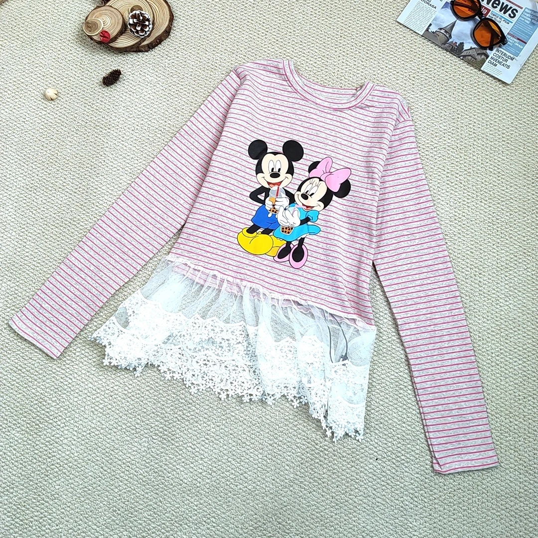 2024秋季新款休闲时尚百搭条纹拼蕾丝打底长袖T恤8228