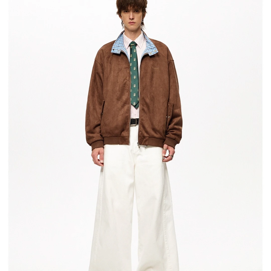 美式复古格子拼接麂皮绒外套男女春秋季翻领美拉德棒球服休闲夹克