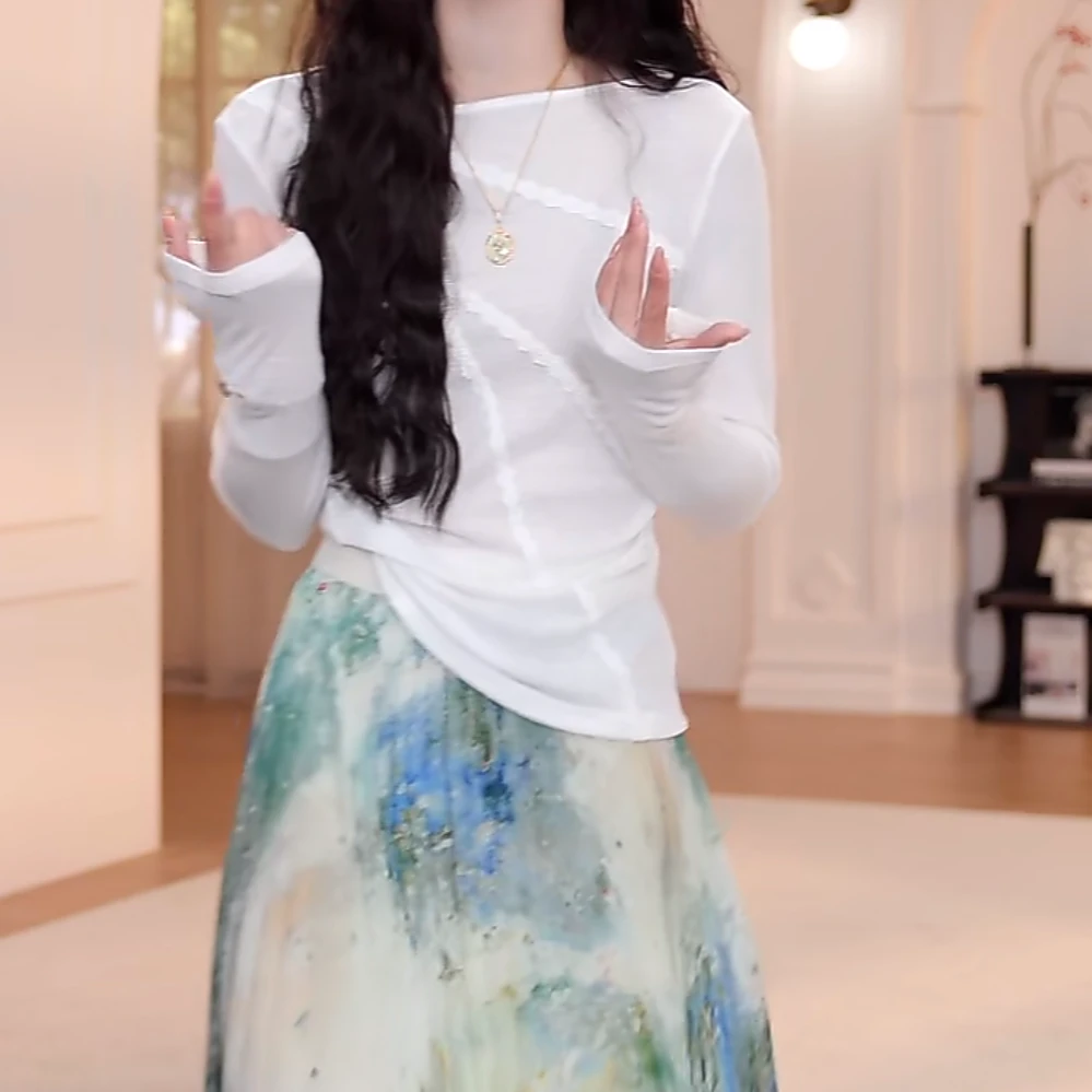 设计感纯色蕾丝花边长袖T恤女2025夏季新款轻奢时尚薄款显瘦上衣