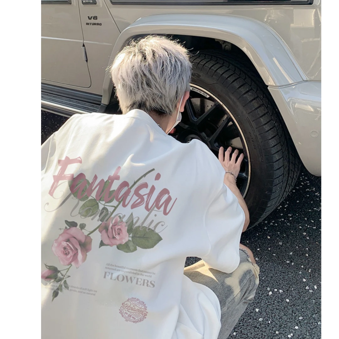 UYH重磅260g克纯棉欧美风夏季男2025新款爆款上衣玫瑰花印花纯棉