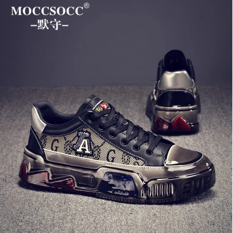 MOCCSOCC板鞋男厚底防滑增高鞋轻奢潮流刺绣男鞋时尚个性痞帅潮鞋