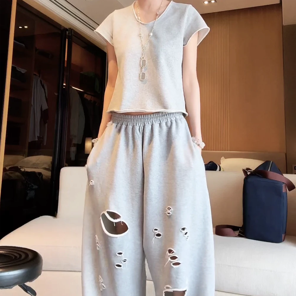 毛圈卷边U领宽松短袖简约休闲松弛半袖短款卫衣t恤女