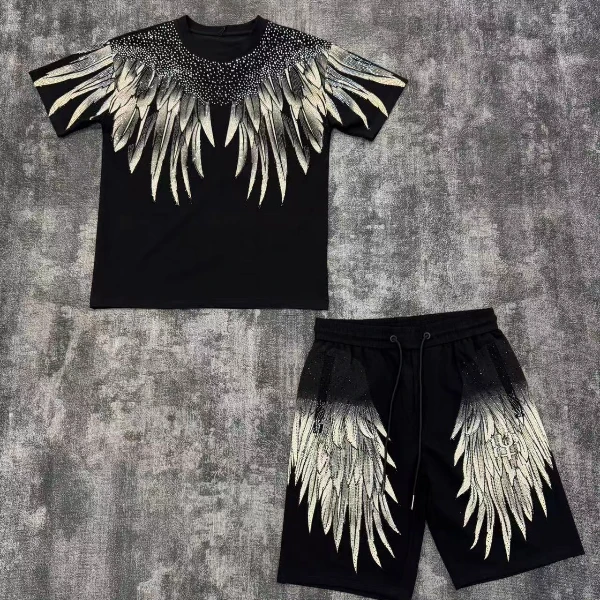 潮流通用时尚套装时尚帅气欧美圆领烫钻夏季休闲宽松重工翅膀