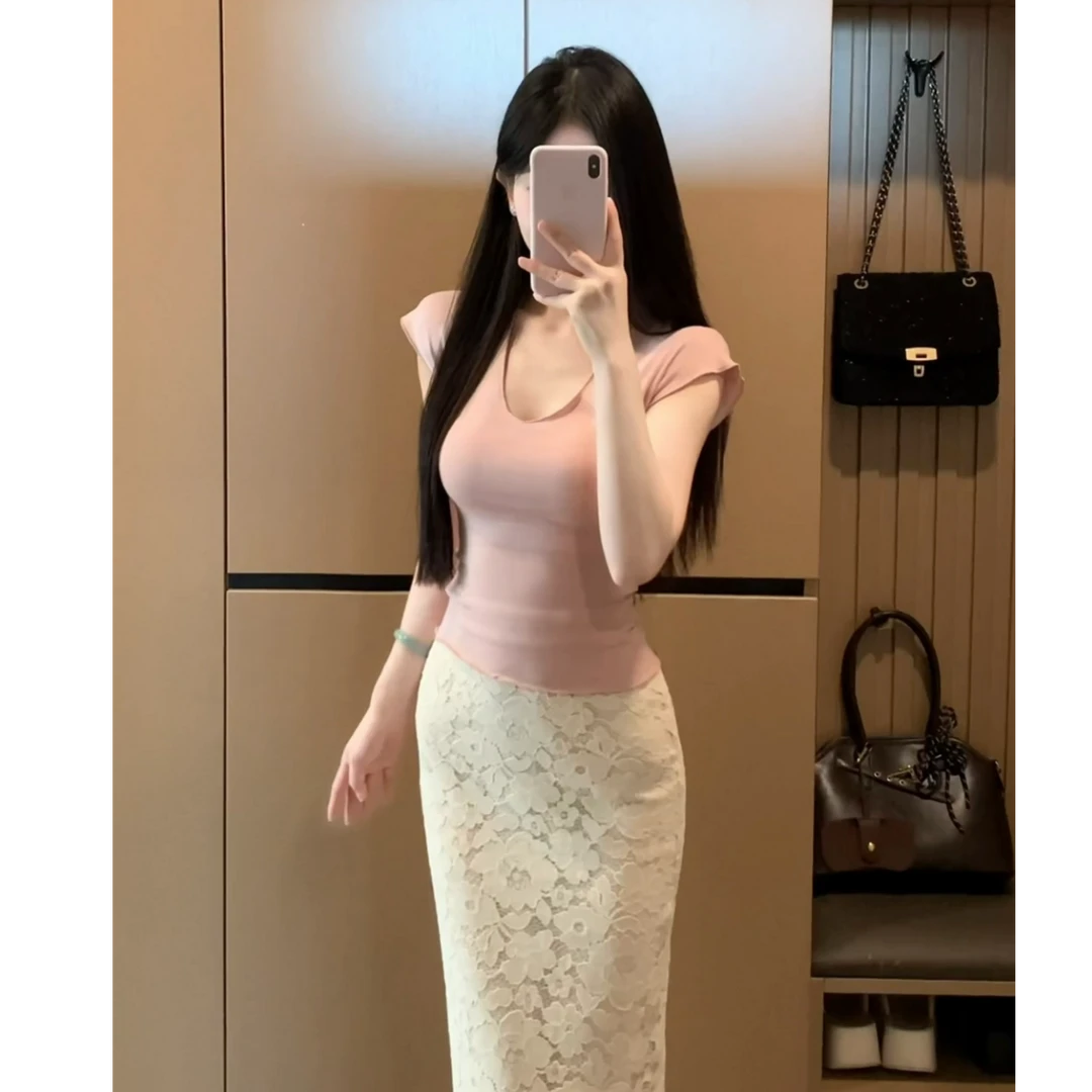 【自在风雅】夏季新款粉色U领短袖针织衫收腰显瘦T恤XY-129