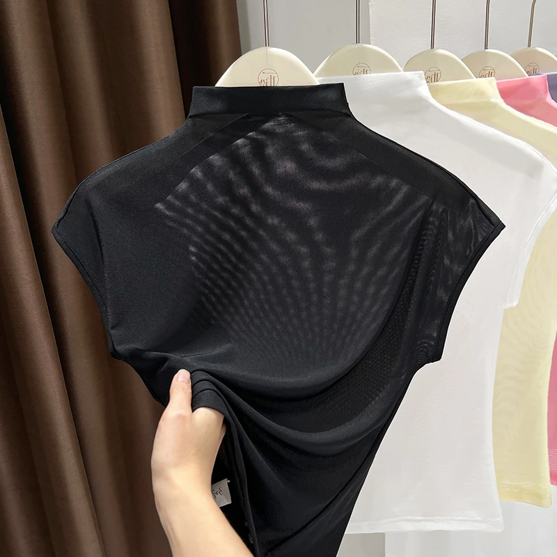 半高领微透黑色无袖t恤女夏季新款高级感显瘦短袖上衣薄款打底衫