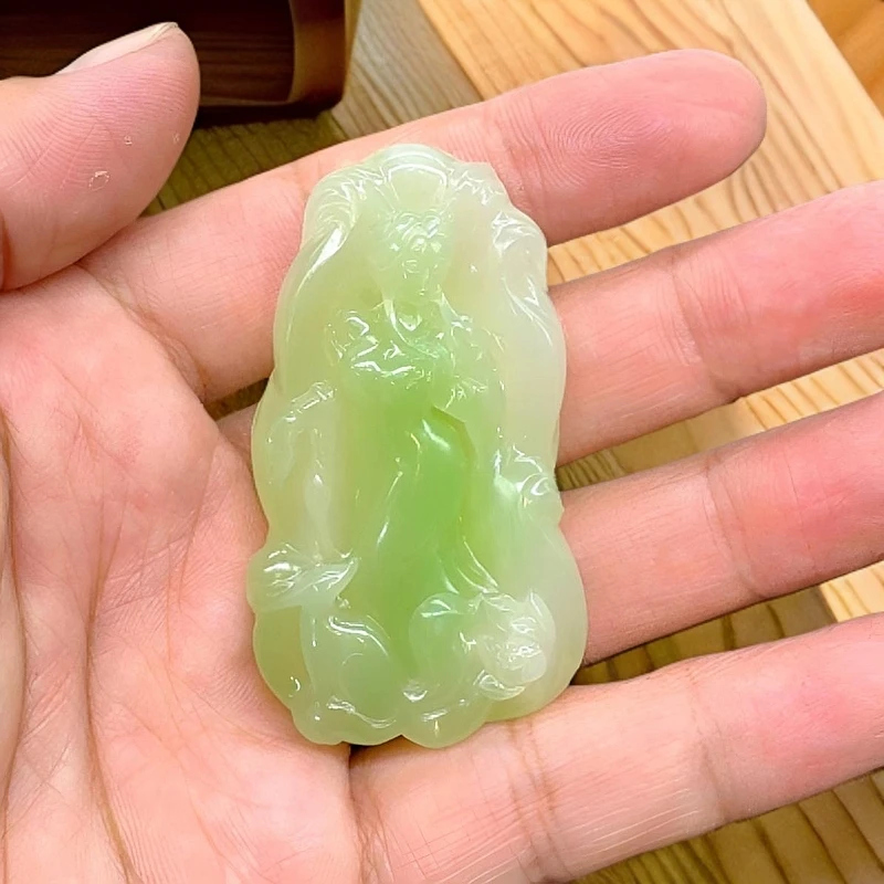 和田玉翠青九尾灵狐遇贵人花挂件牌子饰品手工饰品首饰项链