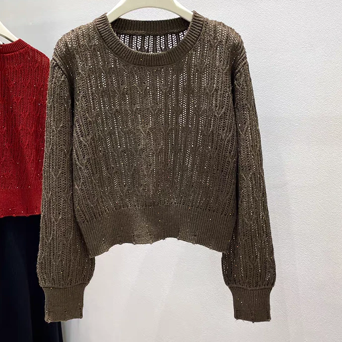 玲姐定制-时尚勾花镂空亮片短款毛衣250673