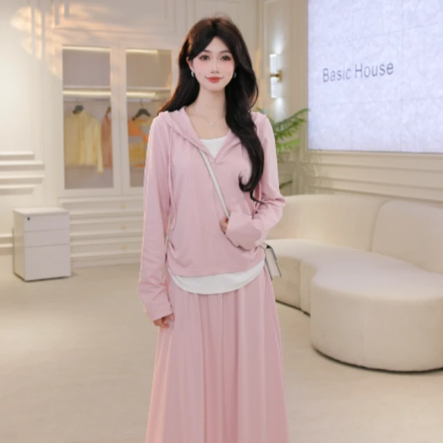 Basic House/百家好百家好新款欧若风假两件连帽上衣松紧腰套装