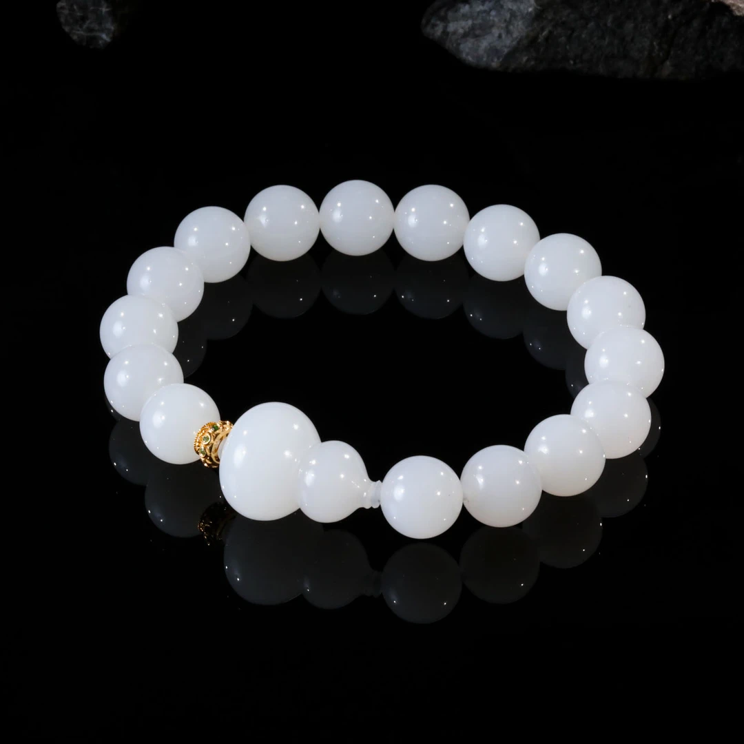 【意婵】典藏级顶俄高白老料羊脂白玉单圈手串18k金-910696