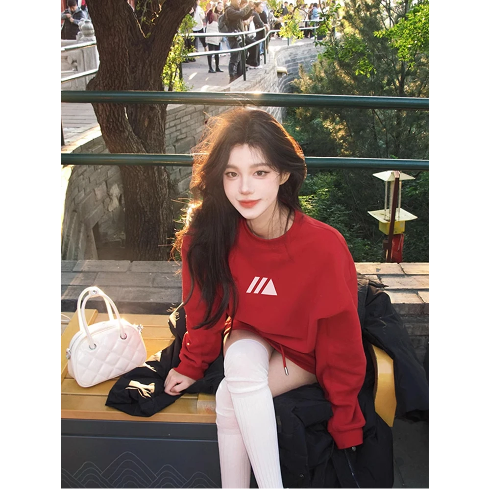 红色国潮牌宽松圆领休闲卫衣女秋冬加绒加厚慵懒风高级感美式上衣