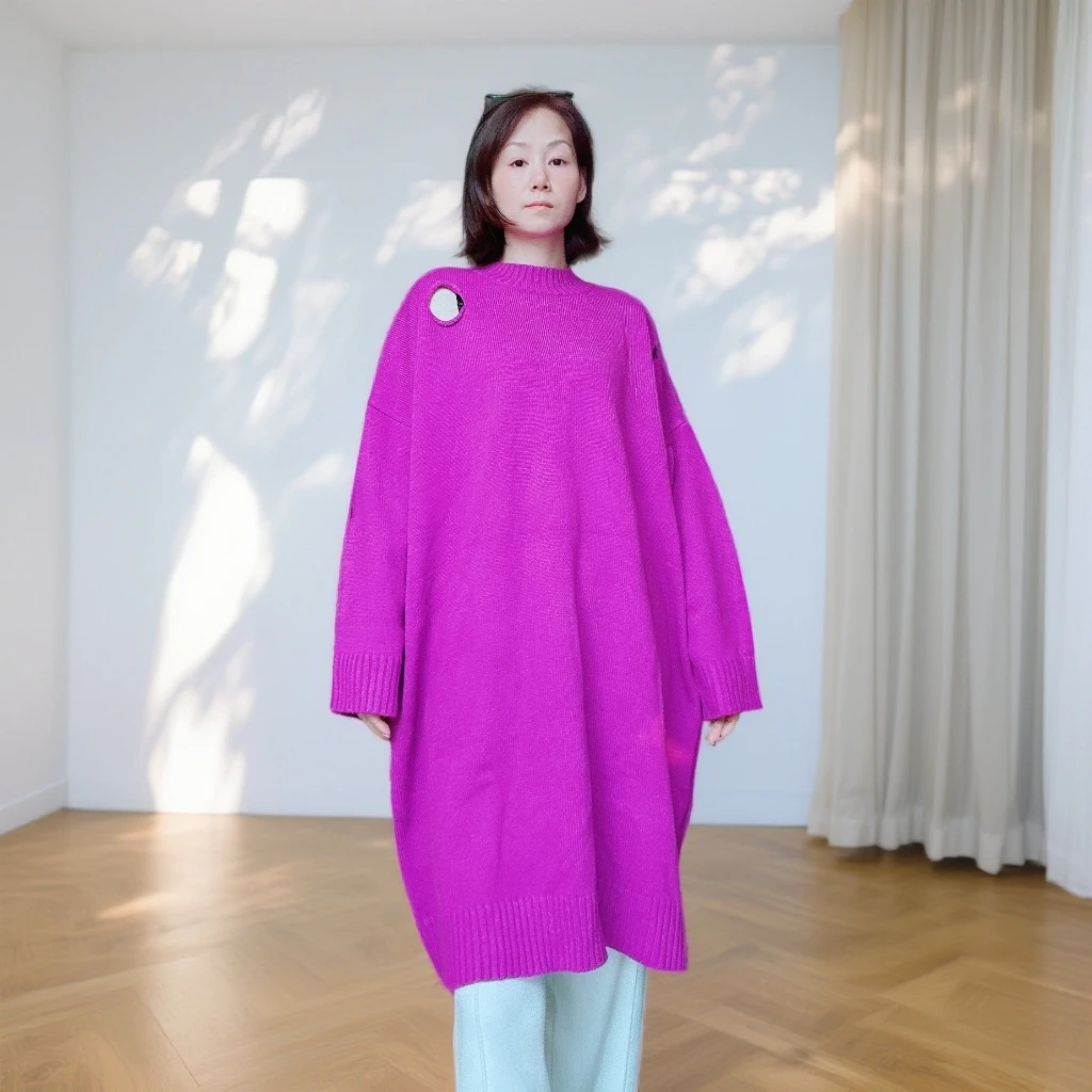 时尚长袖破洞毛衣厚款纯色长裙圆领中长裙秋冬连衣裙女oversize