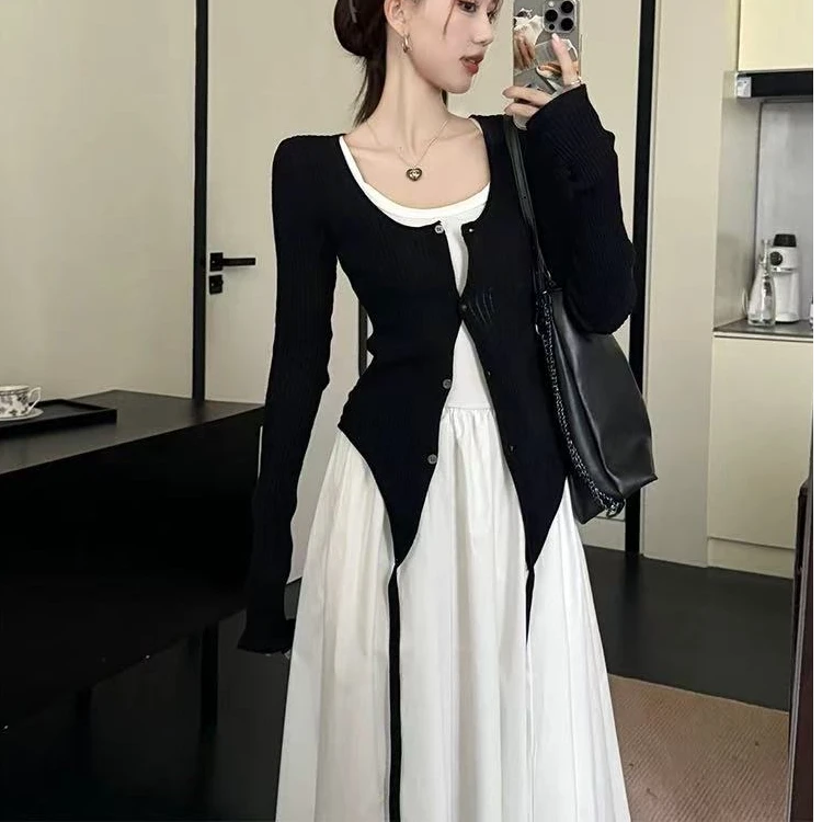 2025早春新款法式气质白色背心连衣裙+黑色外搭开衫两件套