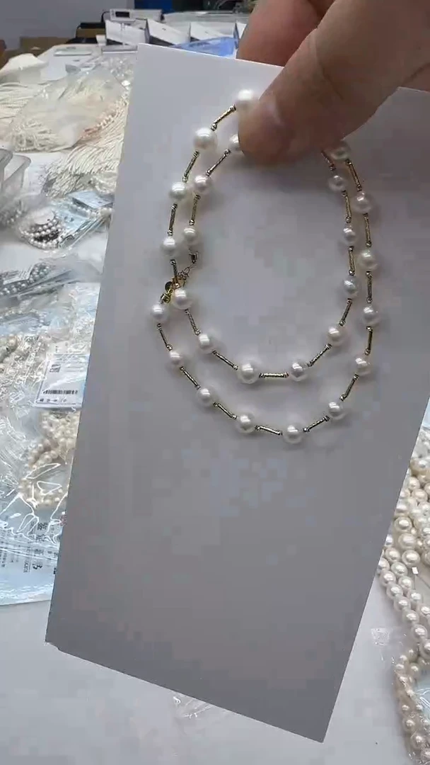 项链18K金镶嵌淡水珍珠大*6mm 金管满天星-孤品