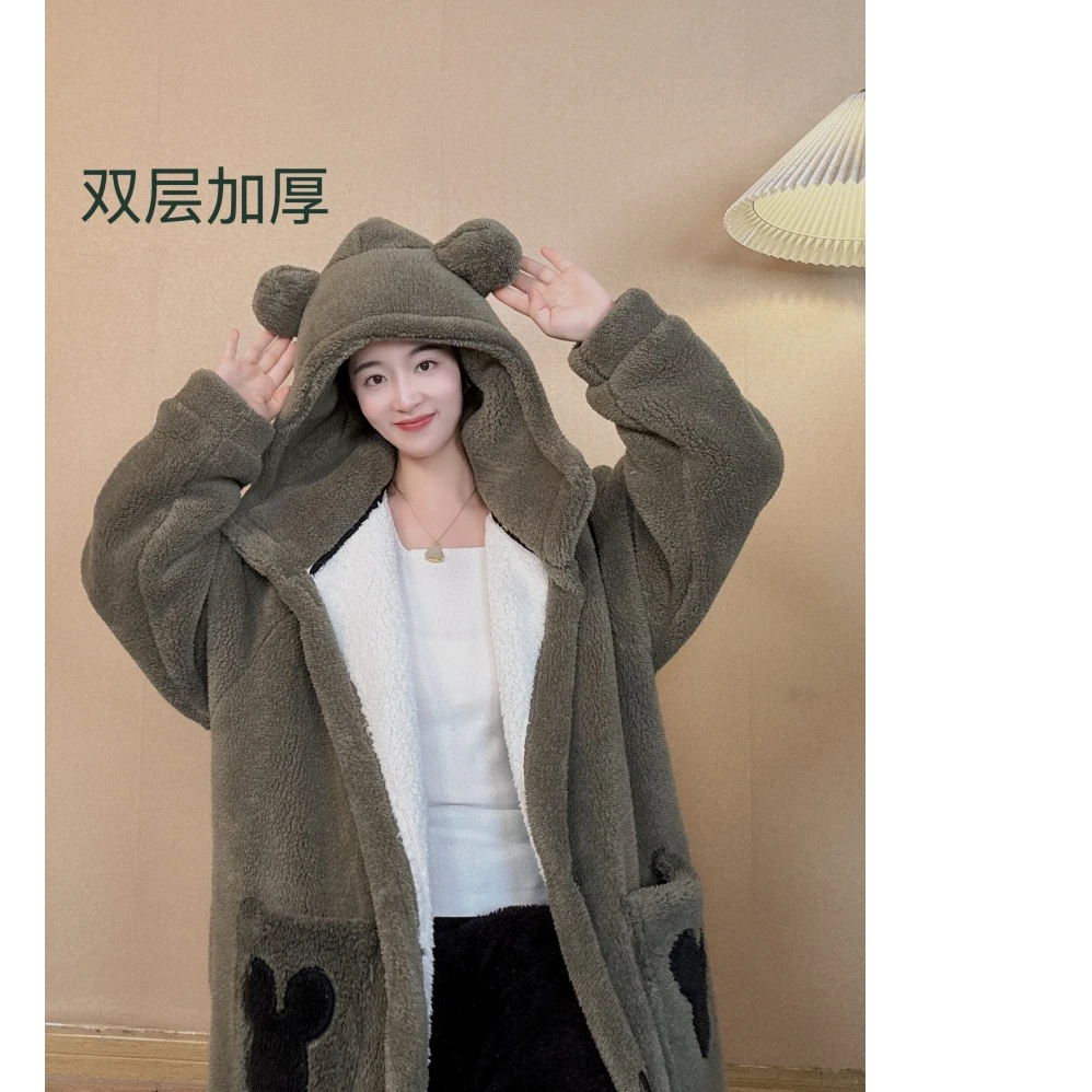 灰绿色深冬双层连帽中长款加绒加厚保暖家居服睡衣睡袍情侣款大码