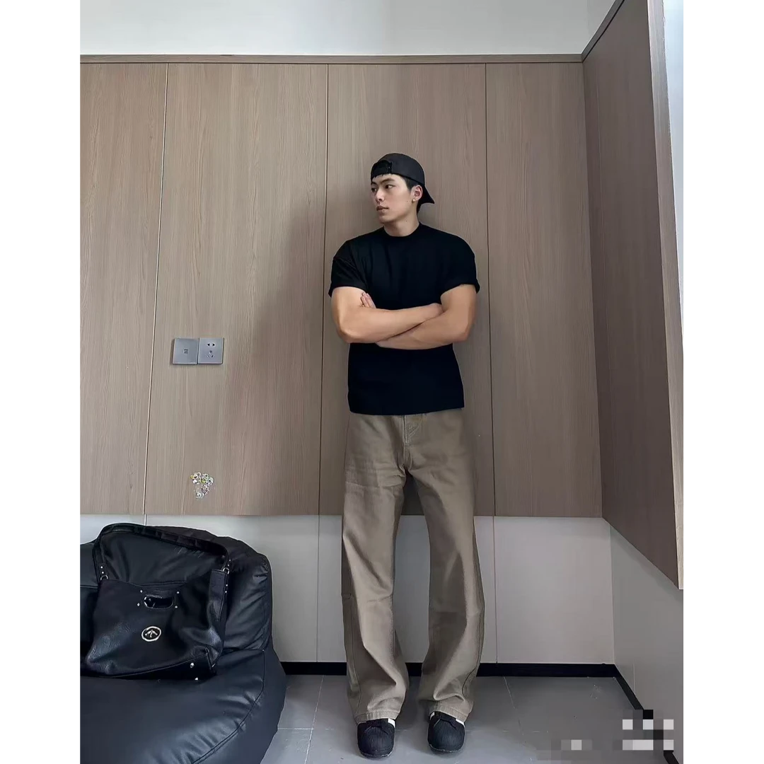 QUALCOMM美拉德潮流咖色宽松直筒牛仔裤男款秋季纯棉窄版阔腿裤子