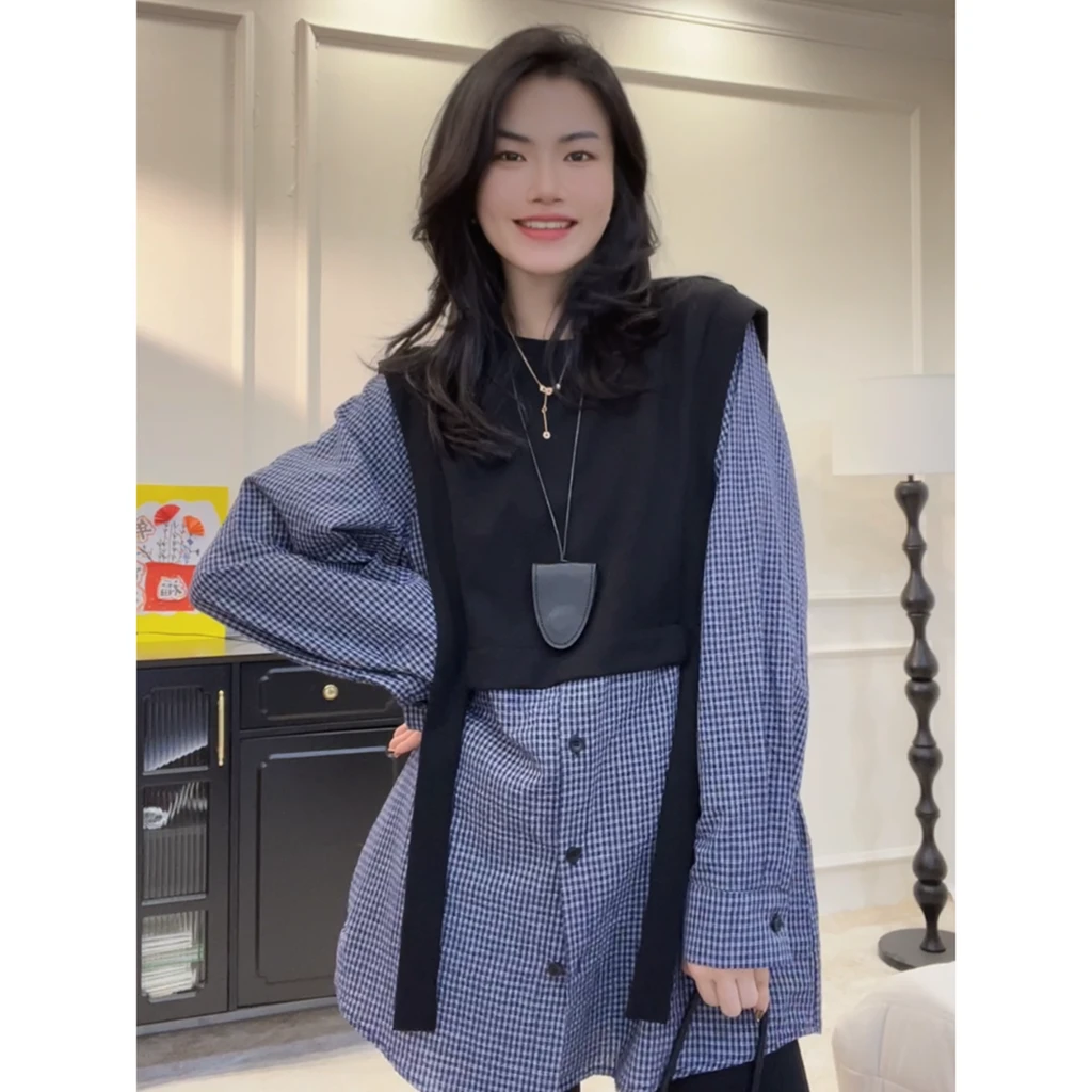 【几何】韩国高级感假两件格子衬衫裙2025新款女小众设计上衣LY