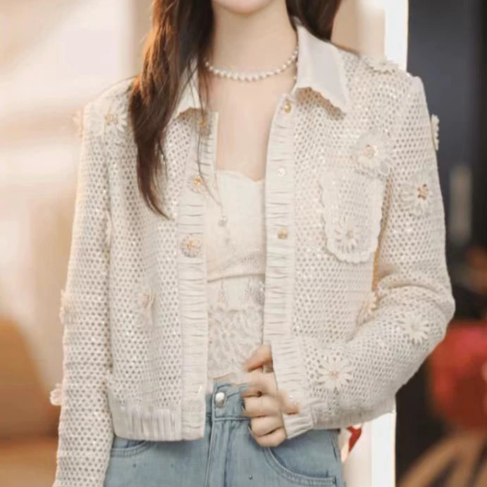 法式编织袖镂空短款公主风开衫2025春季新款轻奢刺绣花短外套1085