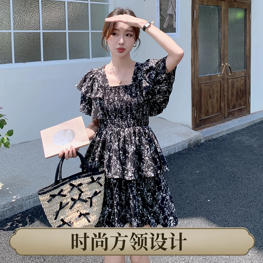 碎花一字肩方领连衣裙夏季荷叶袖泡泡袖裙子气质名媛