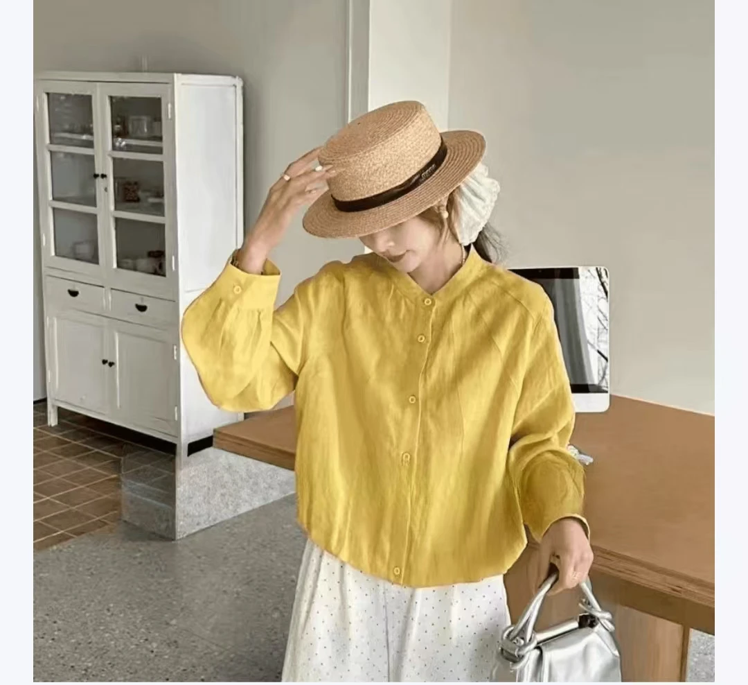 纯棉纯色圆领长袖衬衫女2025春季韩系宽松上衣百搭打底衫衬衣