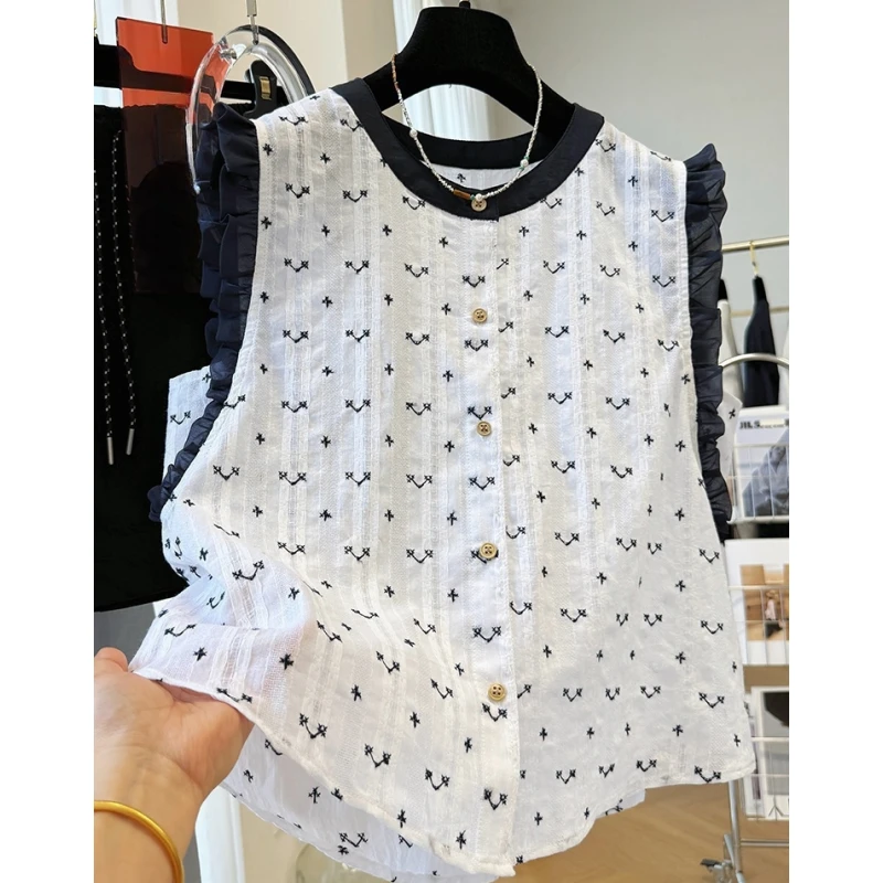 韩系木耳边小飞袖重工刺绣无袖小衫上衣女夏季超好看外穿马甲背心