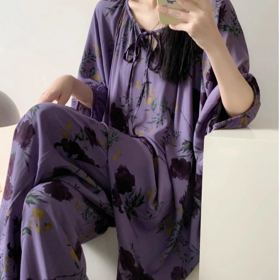 慵懒风中式黛紫印花睡衣女春秋季新款长袖长裤大码家居服套装外穿