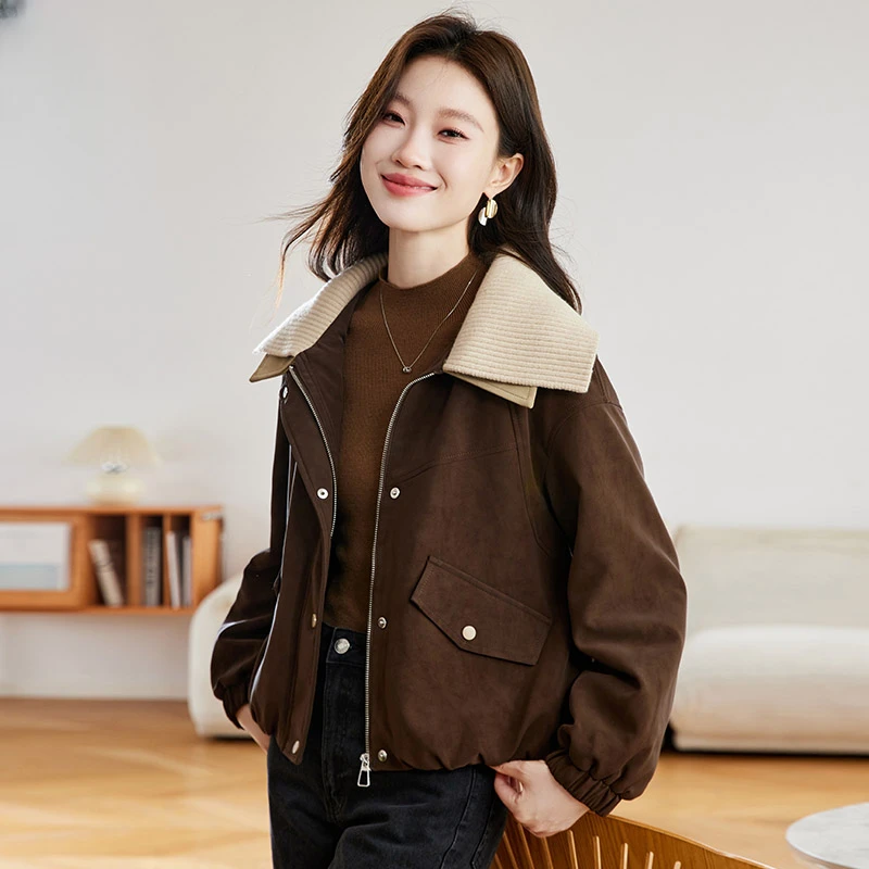 麂皮绒皮毛一体短款棉服外套女2025冬季新款时尚百搭加绒加厚棉衣