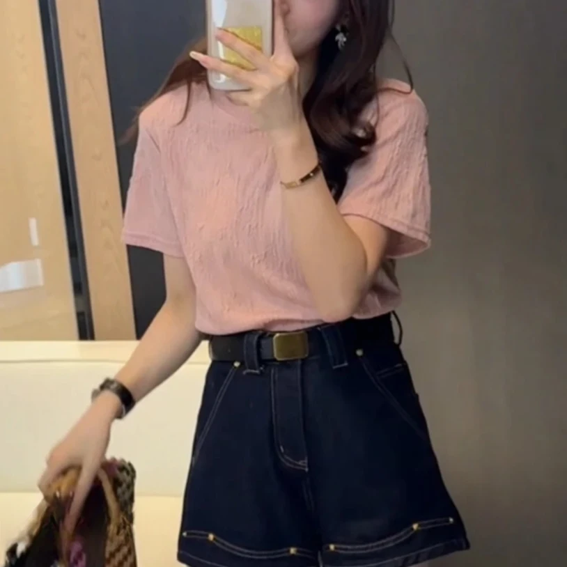 衣源85766#法式气质简约圆领短袖恤女夏季新款宽松上衣(长约58）